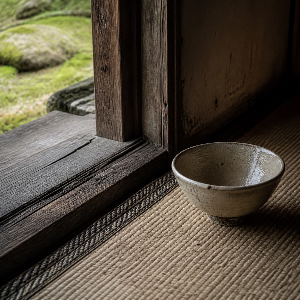 畳と古い木の敷居に置かれた陶器の器