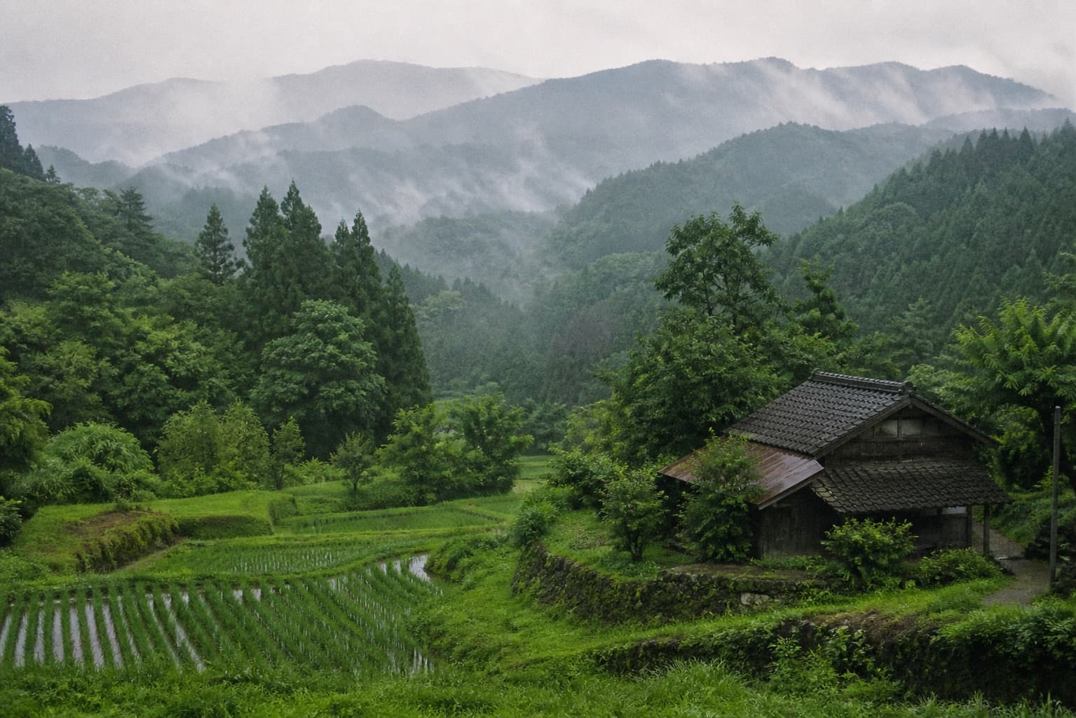 雨上がりの緑深い山と棚田