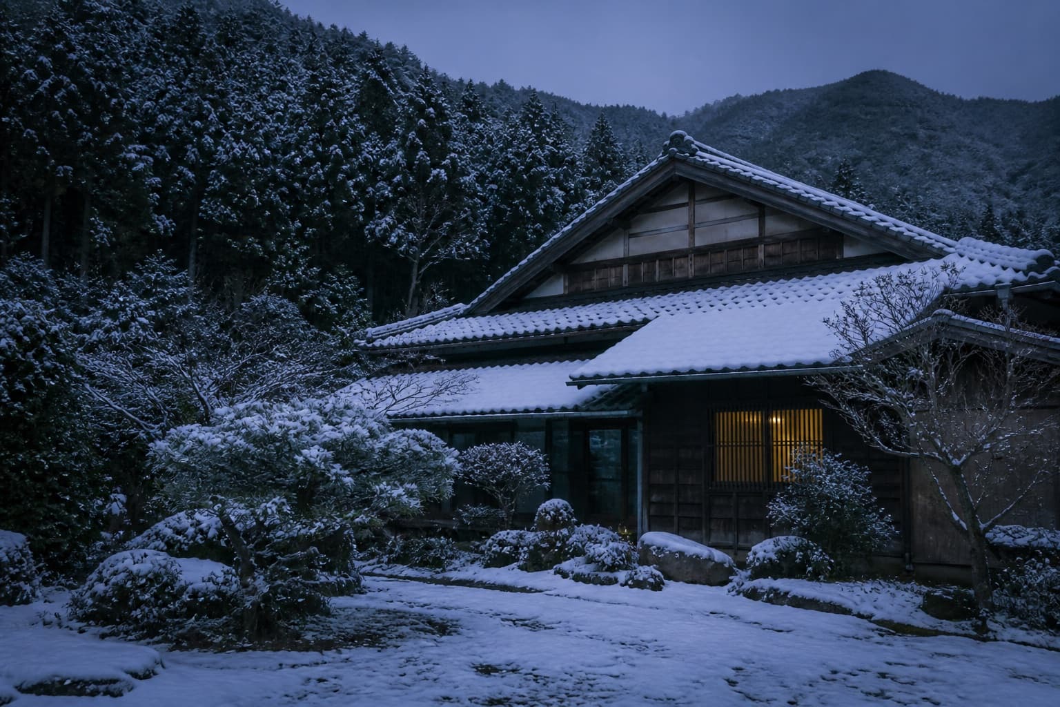 薄雪に包まれた冬の古民家