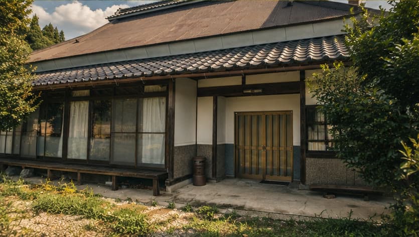 朝の光を受ける風山舎の瓦屋根と玄関