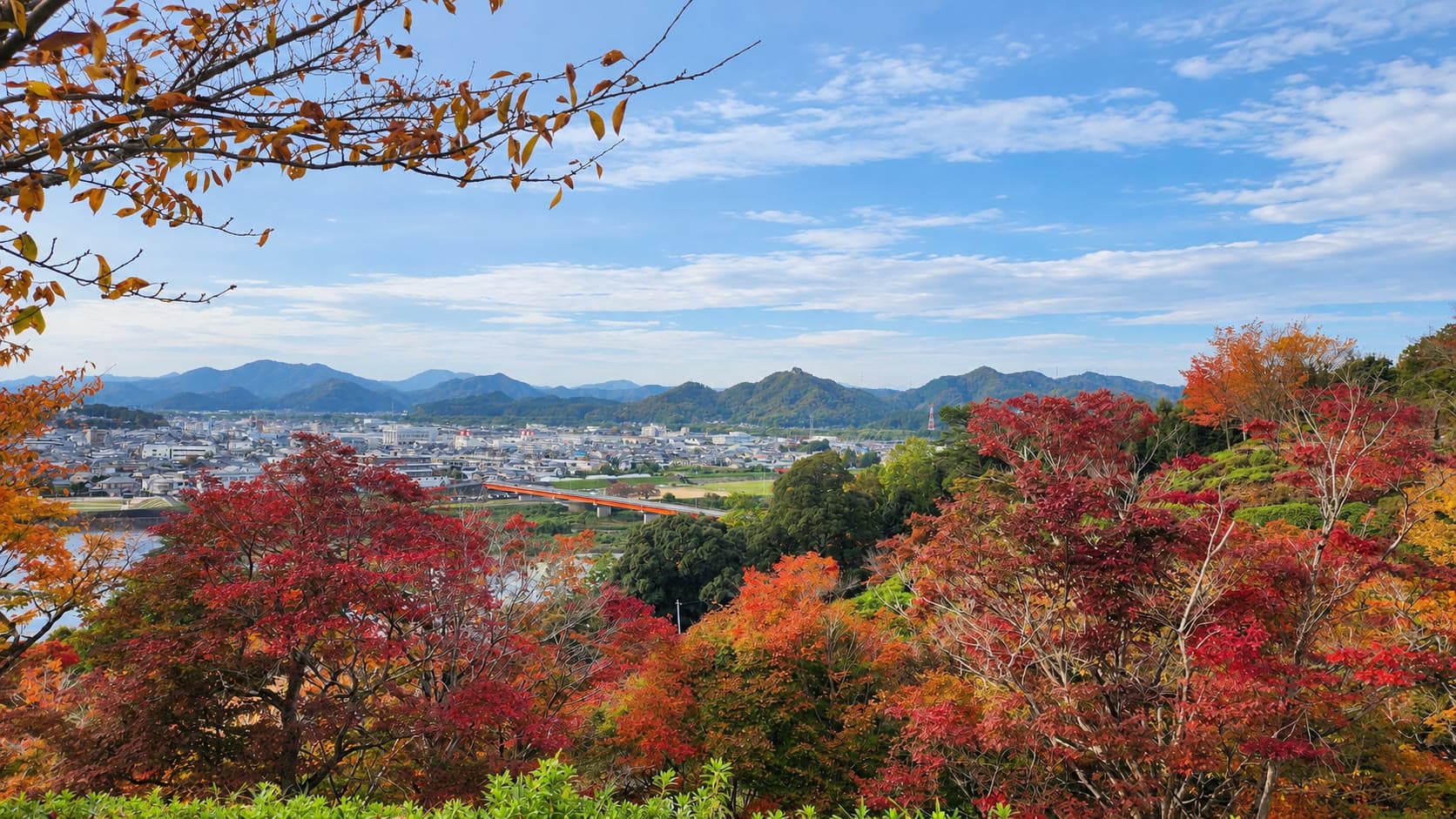 色づく紅葉越しに望む町と山並み